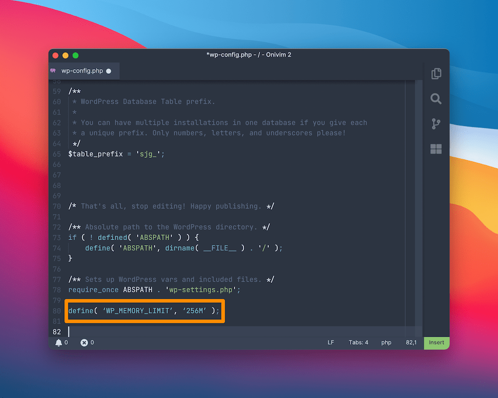 The Onivim2 editor showing an open wp-config.php file, with the memory limit line highlighted.