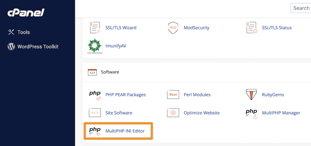 A cPanel admin screen showing the MultiPHP INI Editor option.