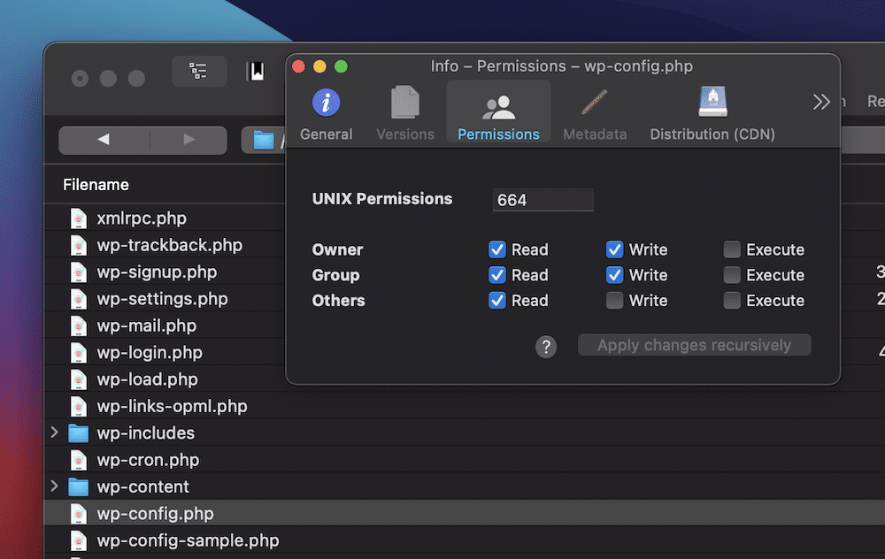 Changing the file permissions of a WordPress file within the Cyberduck SFTP client.