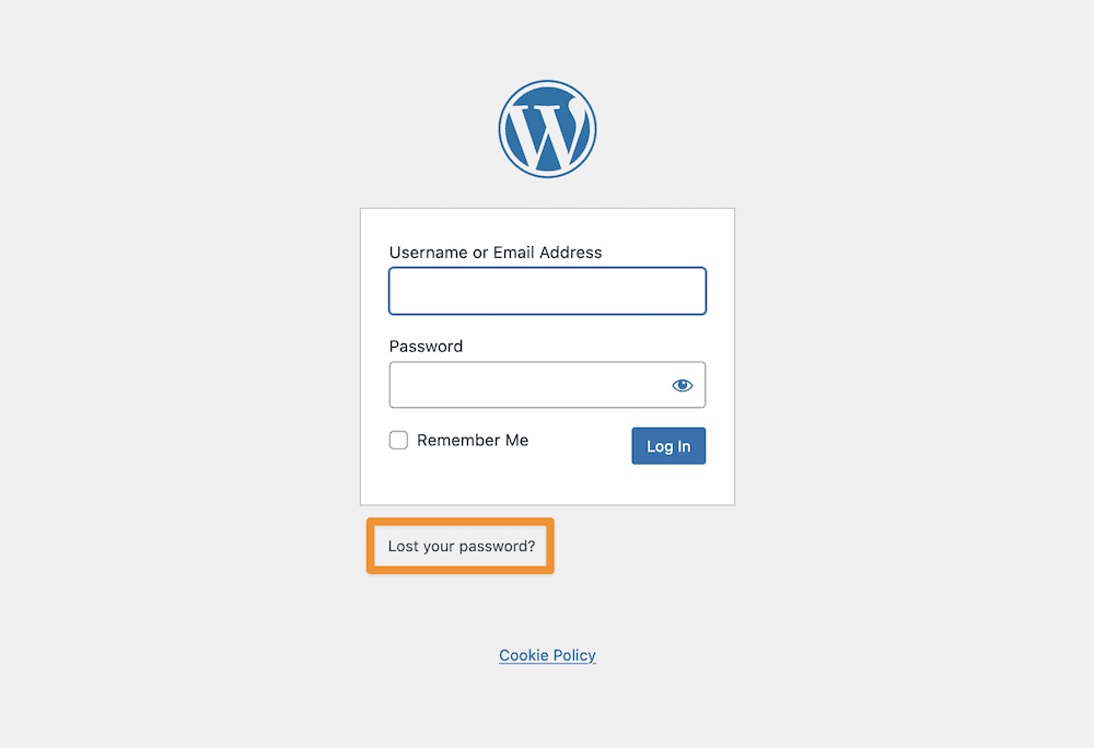 The WordPress login page, with the Lost your password? link highlighted.