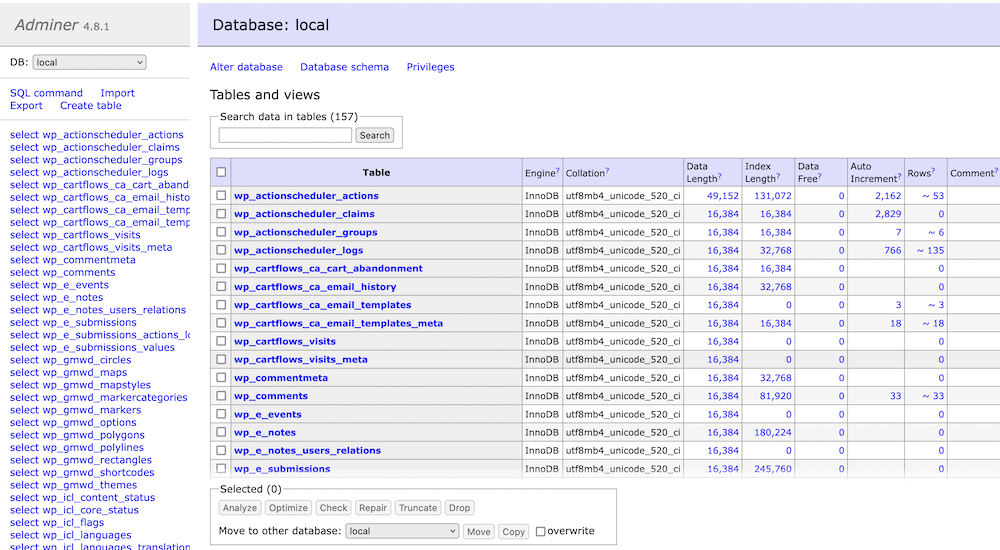 A MySQL database within the Adminer interface.