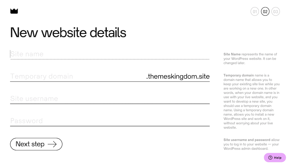 Adding details for a new website installation on ThemesKingdom.