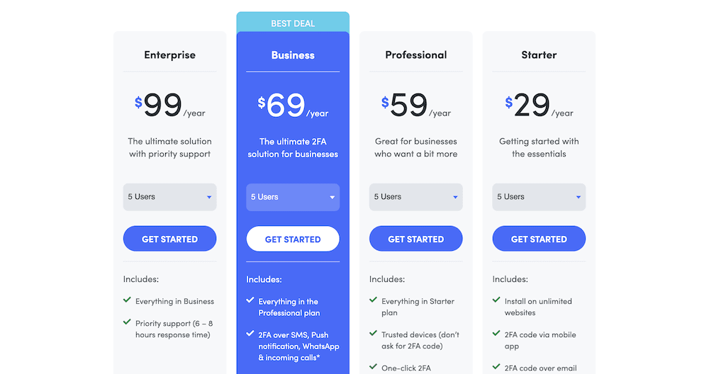 The WP 2FA pricing page.