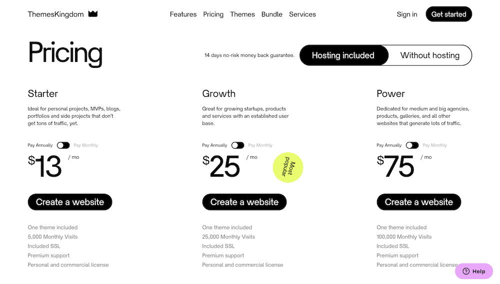 ThemesKingdom's hosting pricing screen.