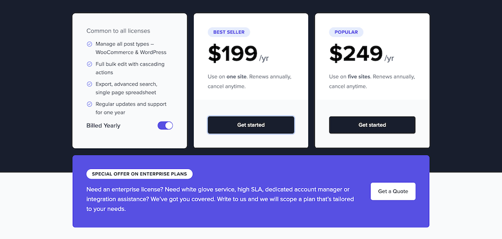 A plugin page on StoreApps showing plans for purchase and a Get started button for each.