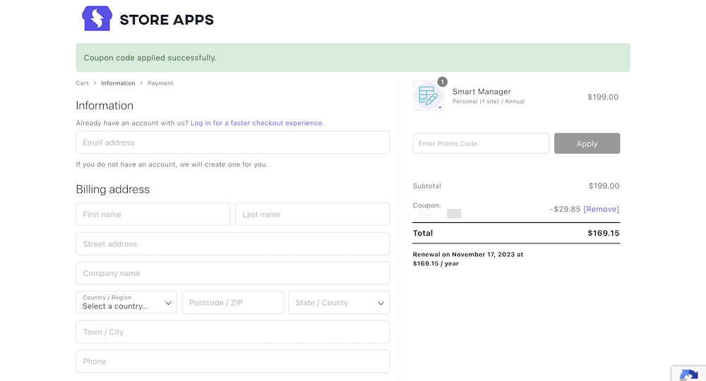 A payment screen for a StoreApps plugin with a coupon code applied.