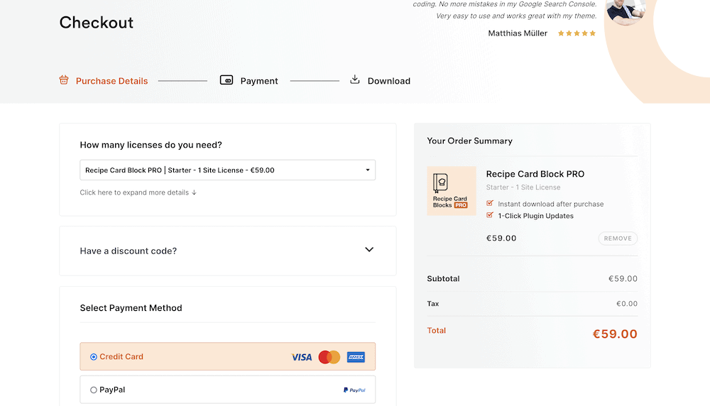 The checkout screen for Recipe Card Blocks Pro.