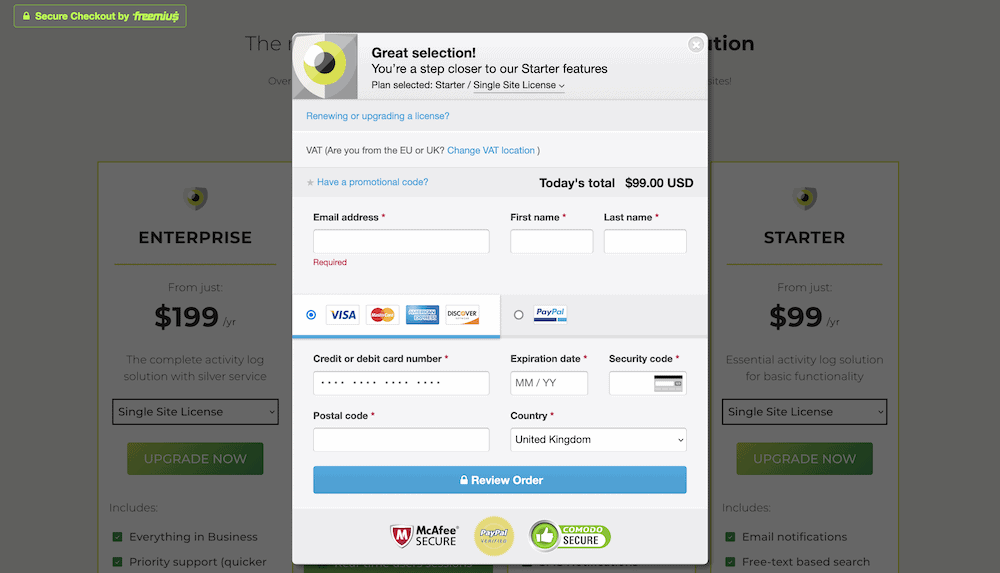 The WP Activity Log payment page.