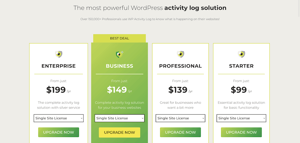 The WP Activity Log pricing page.