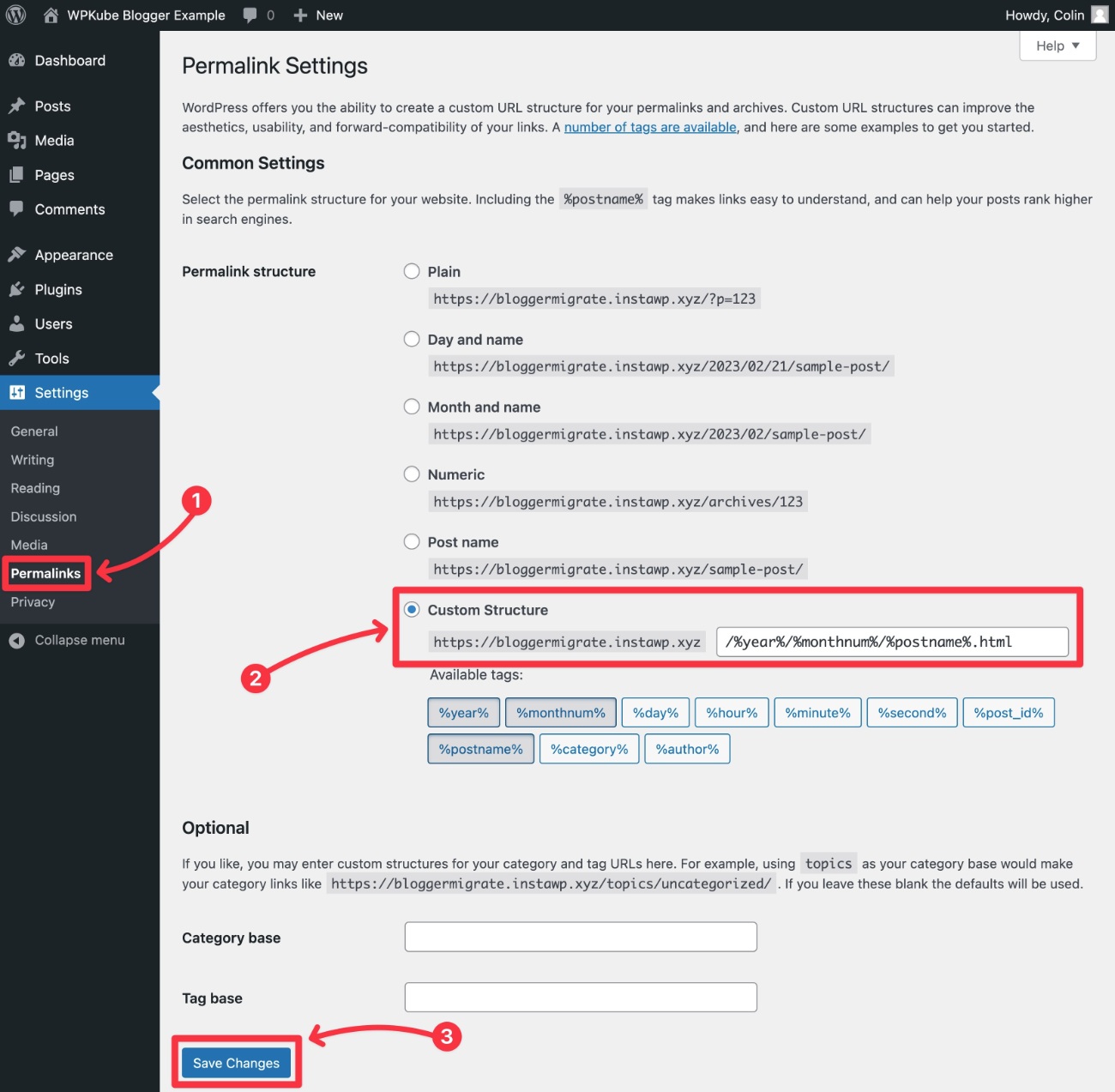 Set WordPress permalink structure