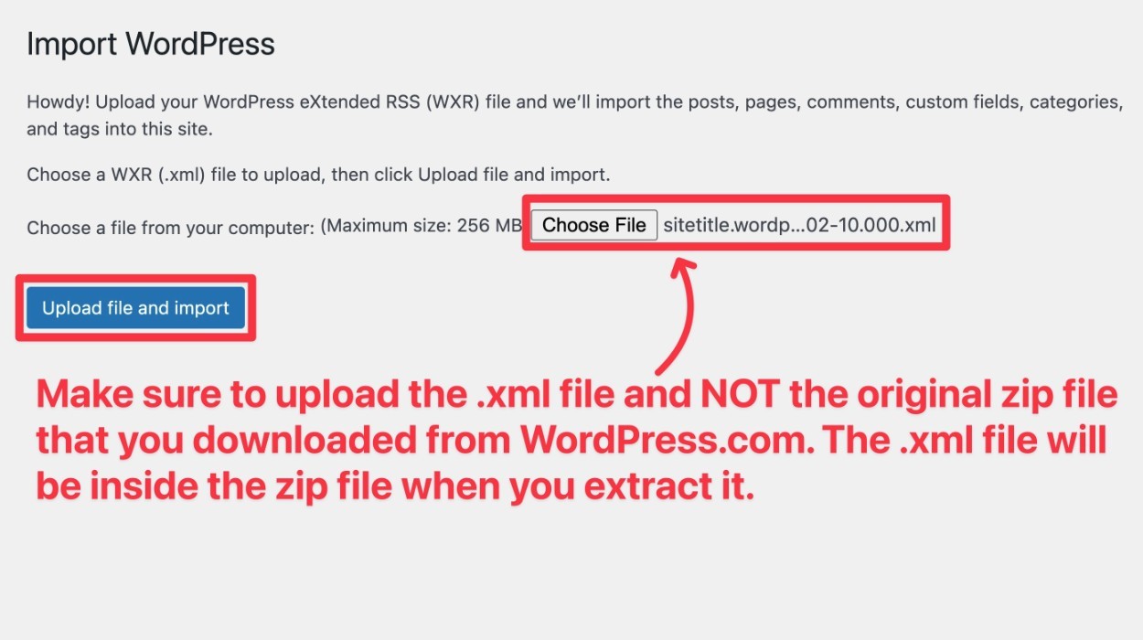 Upload the xml file from WordPress.com