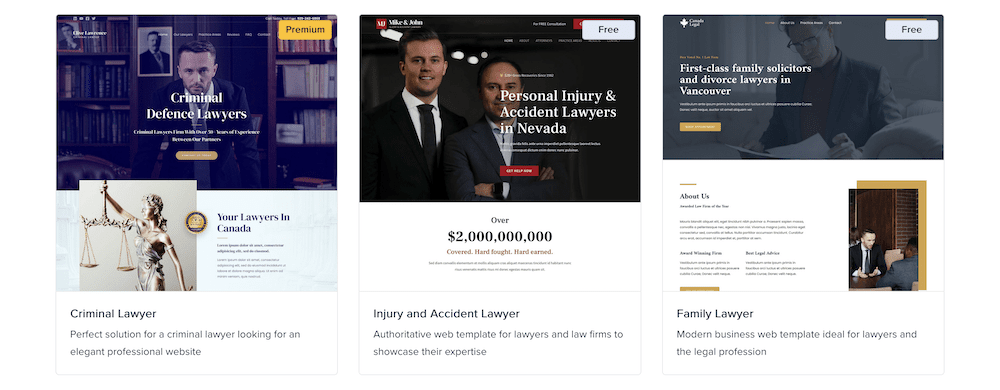 Three Astra templates showcasing how it caters for law websites.