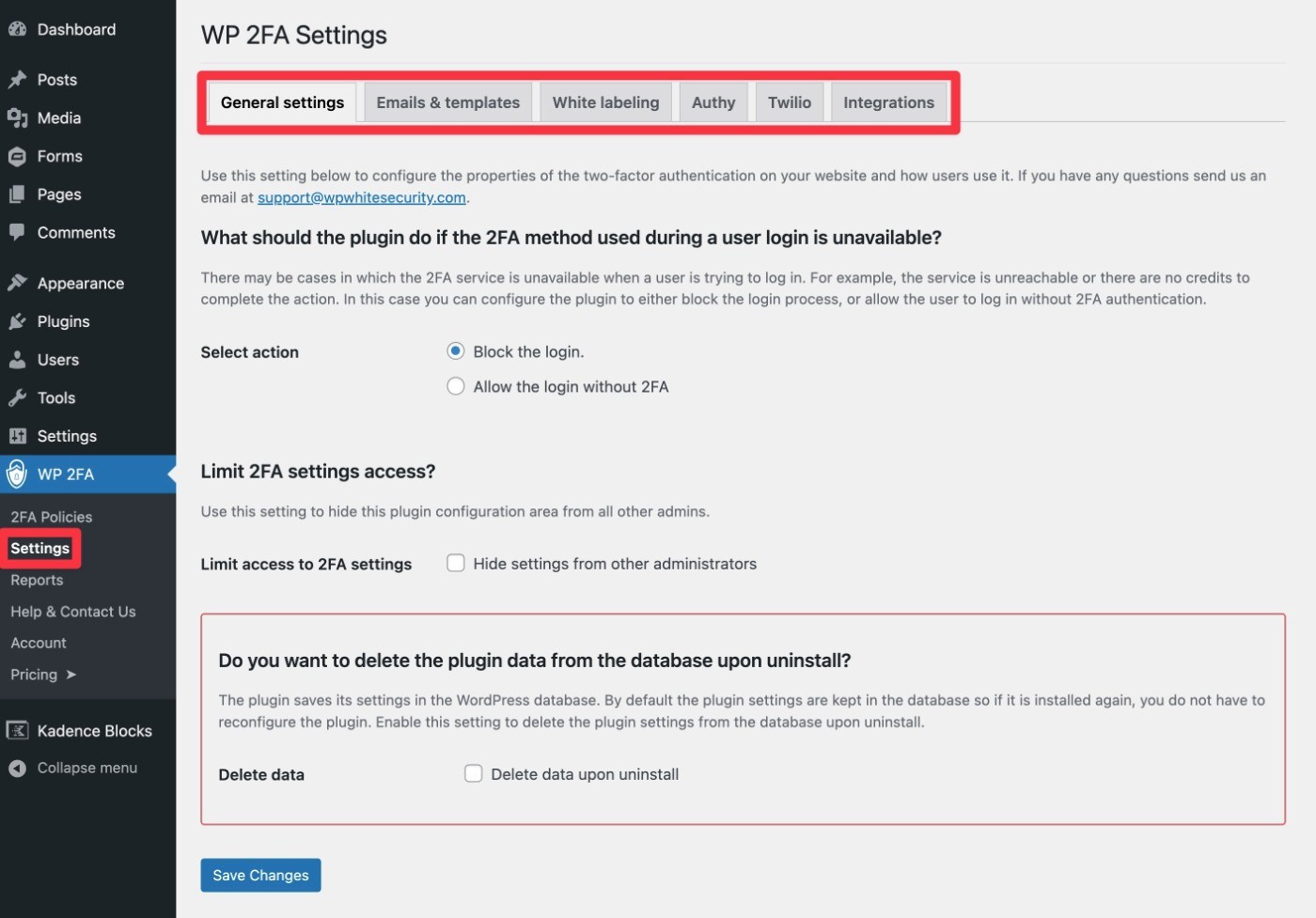 WP 2FA settings area