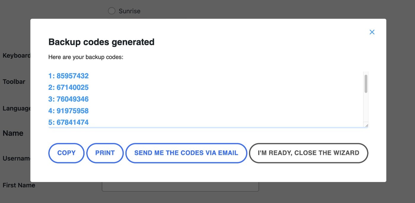 WP 2FA backup codes