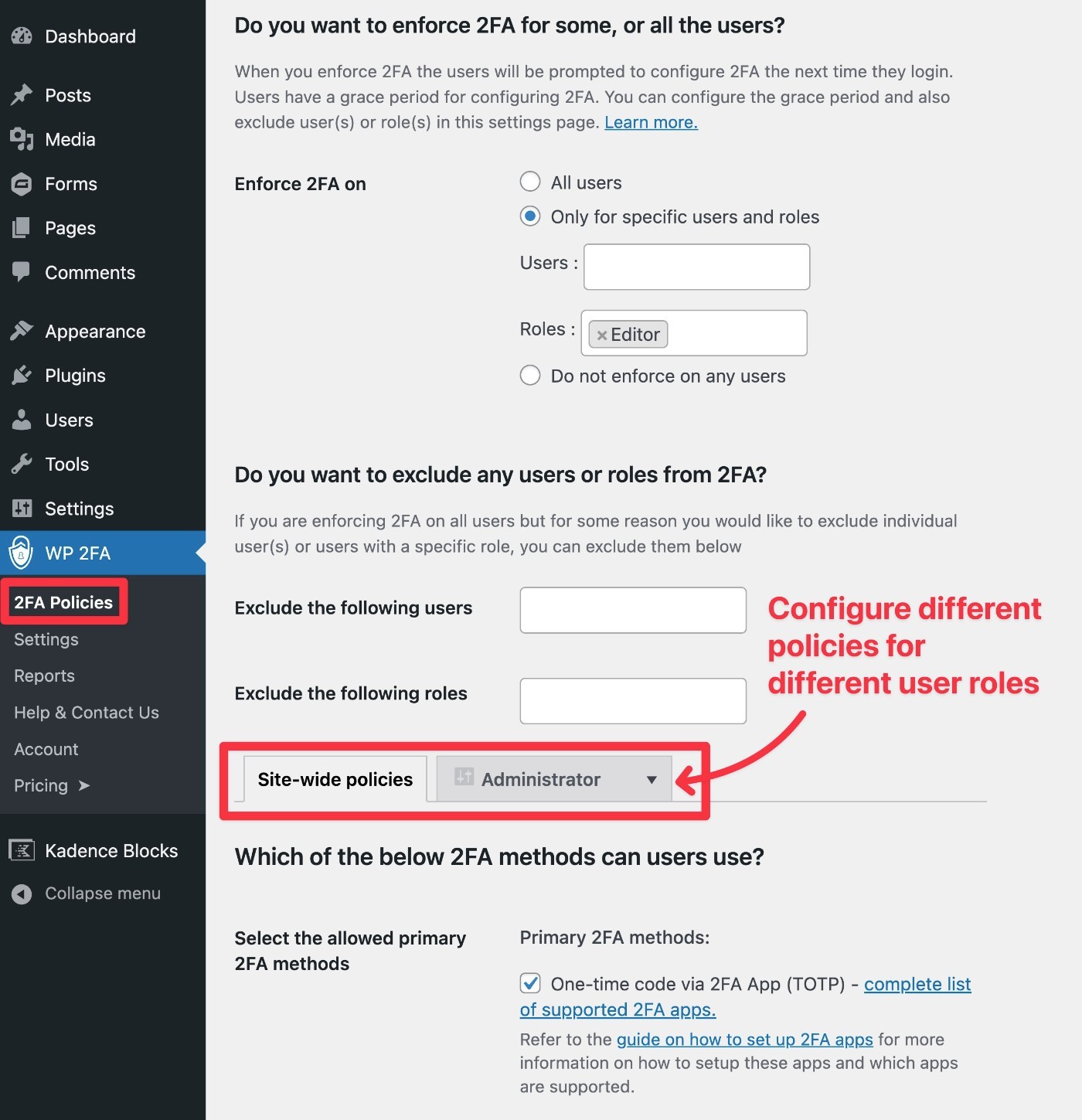 WP 2FA policies