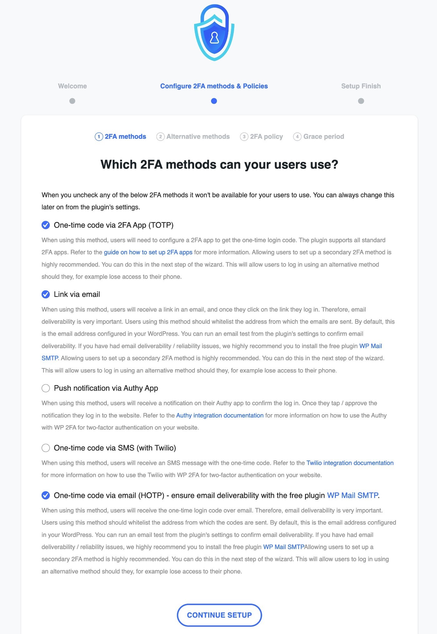 WP 2FA review of available methods