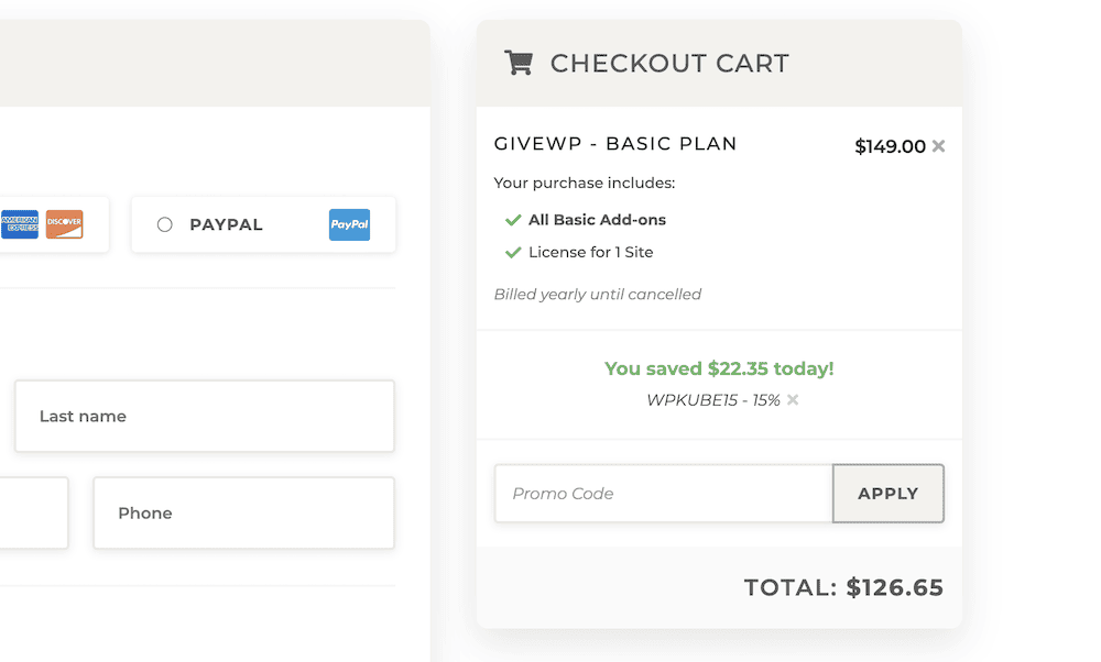 The GiveWP checkout page showing an applied discount.