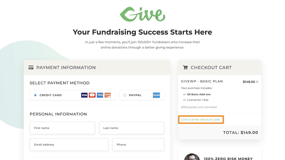 The GiveWP checkout page showing the Click to enter discount code button.