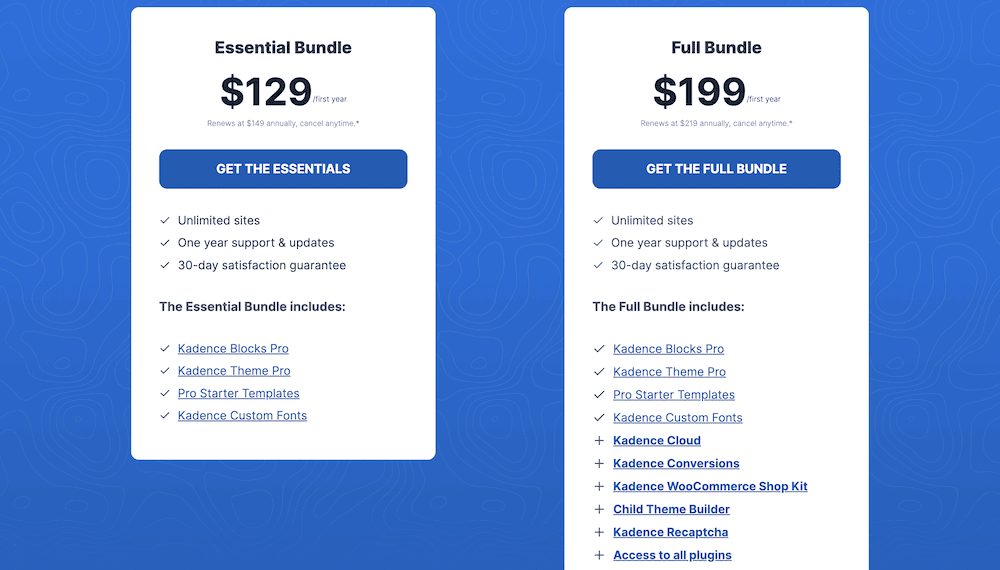 The KadenceWP pricing page.