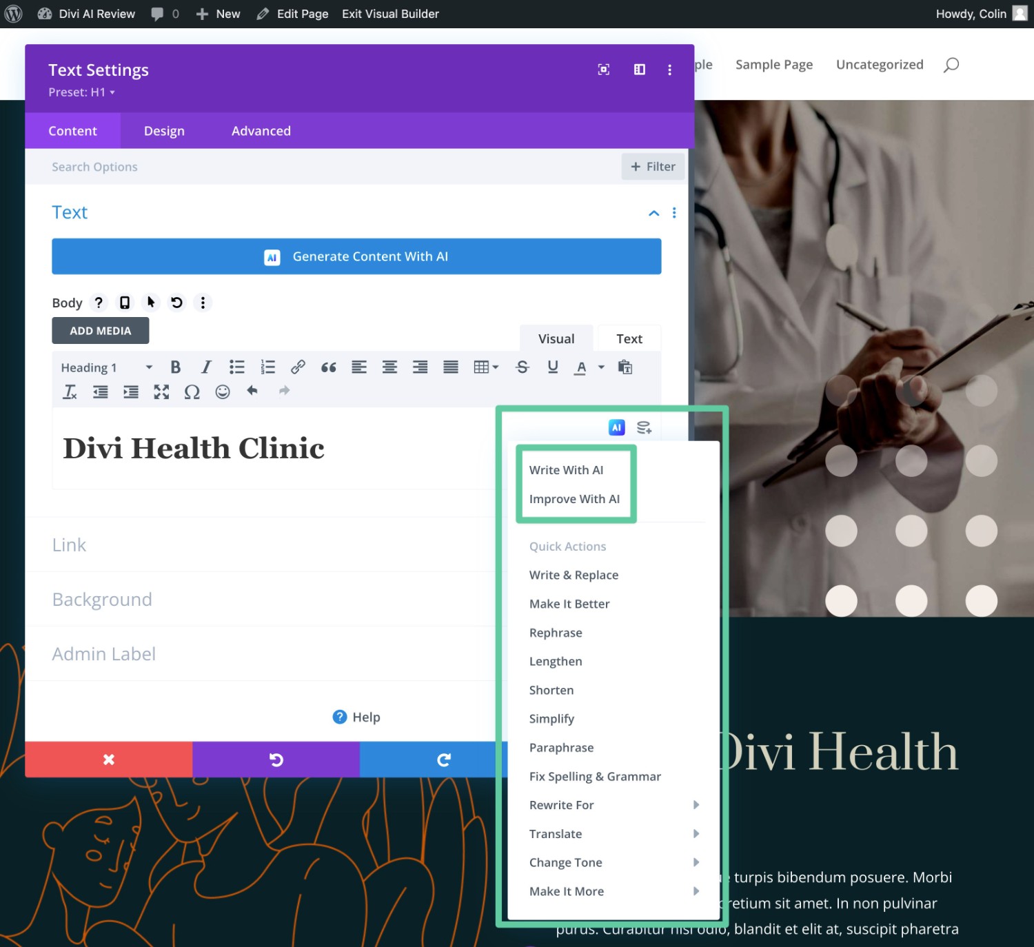 Divi AI content generation options