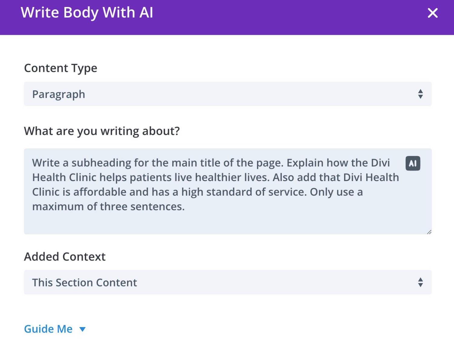 Divi AI content generation example 2